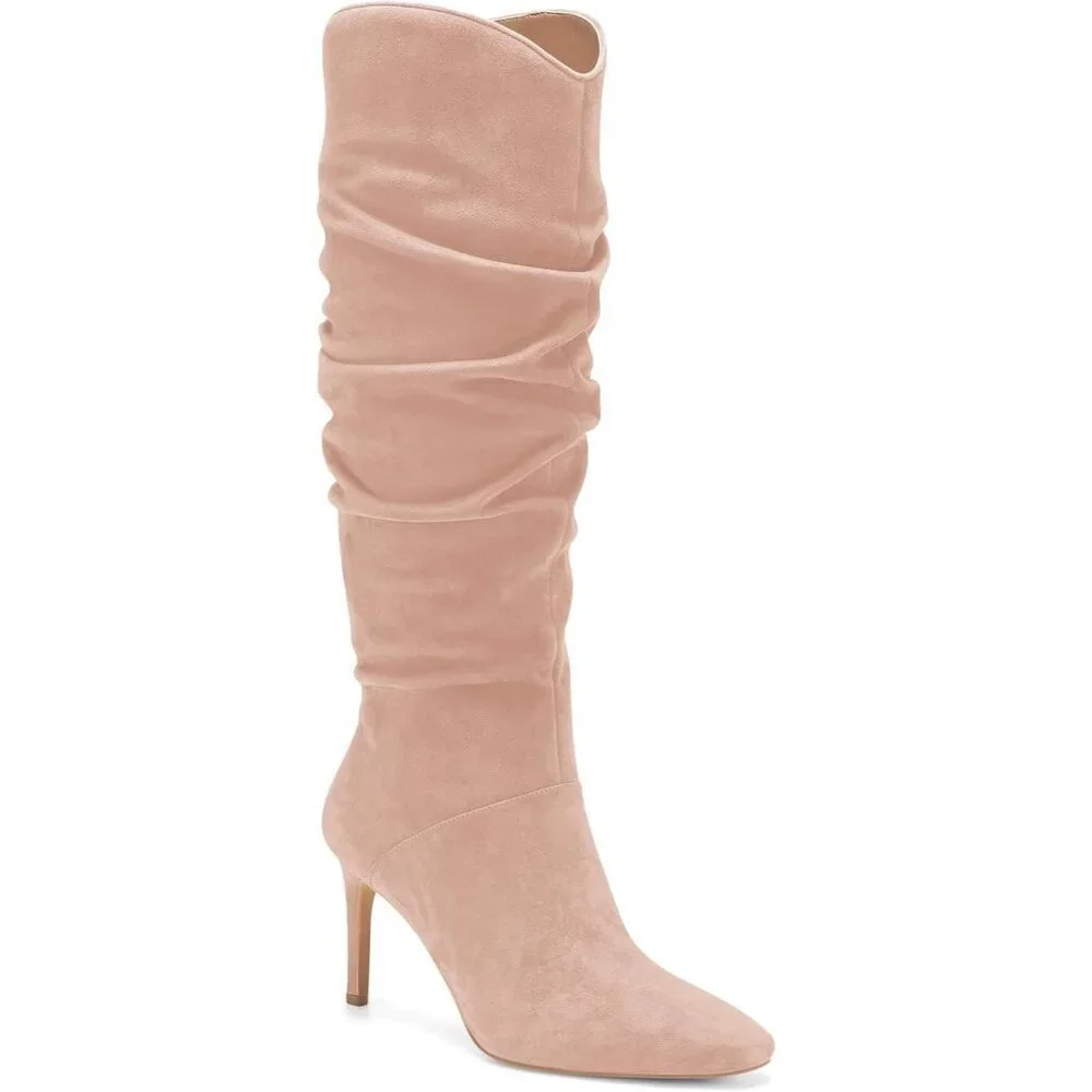 WomenFaux SuedeLight Pink Knee High Almond Toe Side Zipper Stiletto Heel Booties